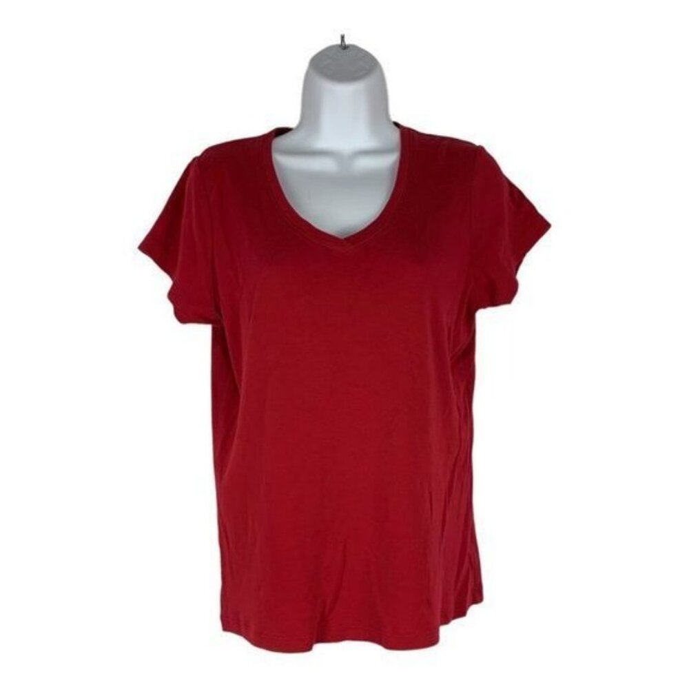 St. Johns Bay Red V-Neck Short Sleeve Cotton T-Shirt Size Small